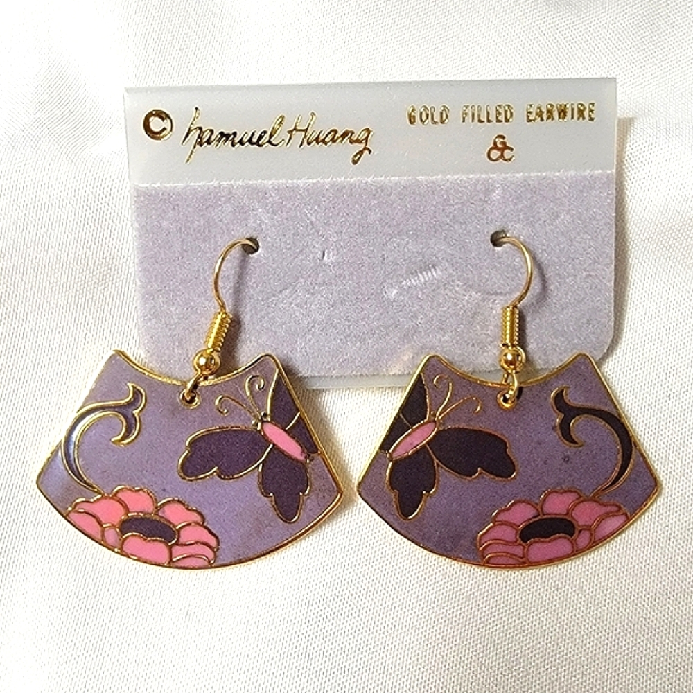 Vintage Samuel Huang Cloisonne Gold Filled Earrings Butterfly and flower